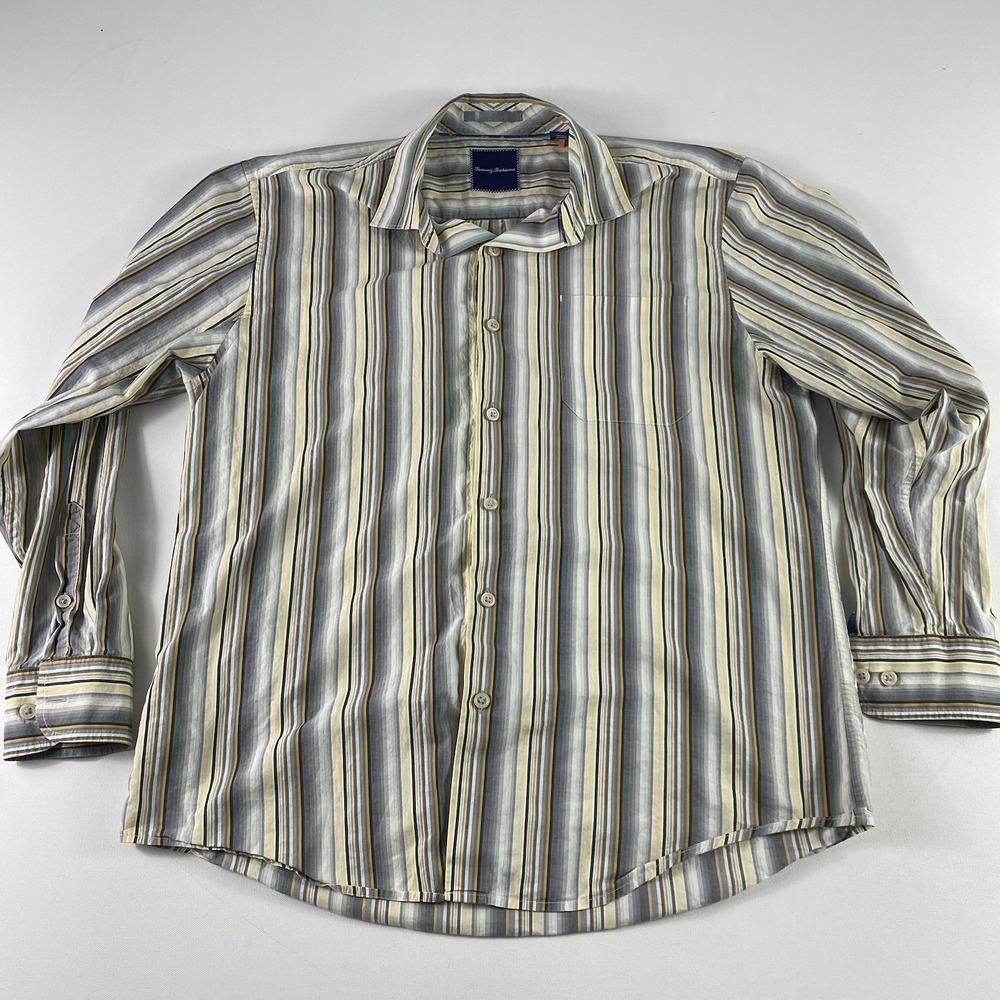 Tommy Bahama Button Down Shirt Mens Large Yellow Gray White Striped Pima Cotton